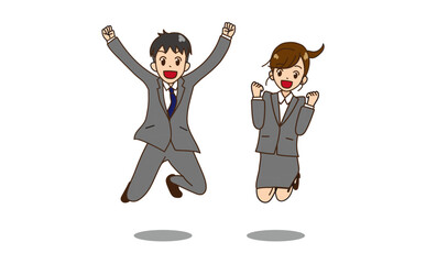 ジャンプするスーツの男女　ガッツポーズ1
