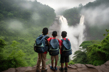 Two boys and a girl with backpacks standing in front of a waterfall, Generative AI