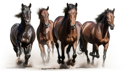 Group of bay horses galloping in the rain on a white background, Generative AI
