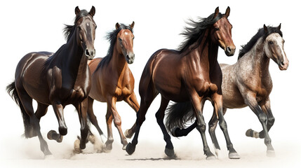 Group of horses galloping in the sand, isolated on white background, Generative AI