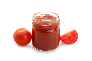 Jar with tasty tomato paste on white background