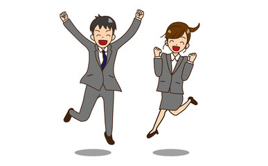 片足ジャンプするスーツの男女　ガッツポーズ　笑顔4