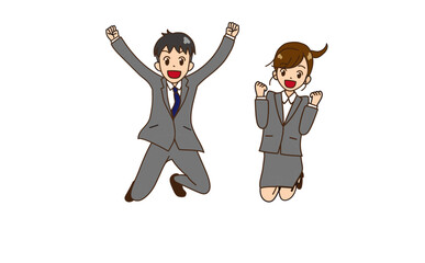 ジャンプするスーツの男女　ガッツポーズ5