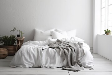 white interior light. A white bedroom with a soft cover, a linen basket, white pillows, and an empty white paper is featured. Generative AI