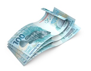 3d Money notes of 100 reais, and 100 reais from brazil in white background. Money from brazil. earn money. Real, Currency, Dinheiro, Reais, Brasil. Money banknotes 3d illustration.