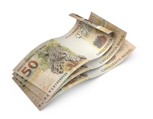 3d Money notes of 50 reais, 50 reais and 50 reais from brazil in white background. Money from brazil. earn money. Real, Currency, Dinheiro, Reais, Brasil. Money banknotes 3d illustration.