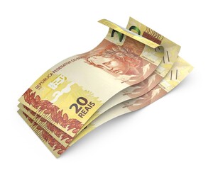 3d Money notes of 20 reais, 20 reais and 20 reais from brazil in white background. Money from brazil. earn money. Real, Currency, Dinheiro, Reais, Brasil. Money banknotes 3d illustration.
