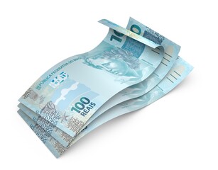 3d Money notes of 100 reais, and 100 reais from brazil in white background. Money from brazil. earn money. Real, Currency, Dinheiro, Reais, Brasil. Money banknotes 3d illustration.