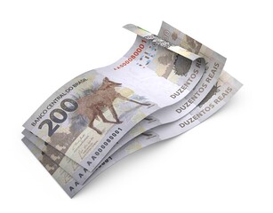 3d Money notes of 200 reais, 200 reais and 200 reais from Brazil in wood background. Money from Brazil. earn money. Real, Currency, Dinheiro, Reais, Brasil. Money banknotes 3d illustration.