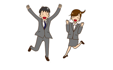 ジャンプするスーツの男女　ガッツポーズ　笑顔8