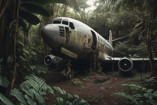 Abandoned plane in jungle. Generative AI.