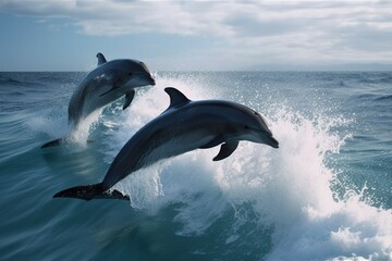 Cute dolphins jumping. Generative AI.