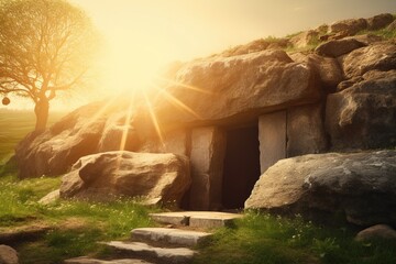 Obraz premium Empty tomb of Jesus Christ at sunrise resurrection. Generative AI.