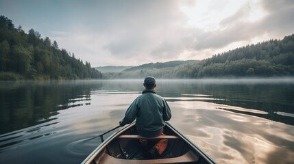 Fishing man in the boat in the beautiful lake. Generative AI.