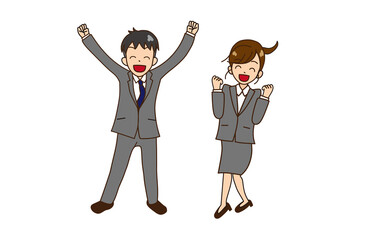 ジャンプするスーツの男女　ガッツポーズ　笑顔9