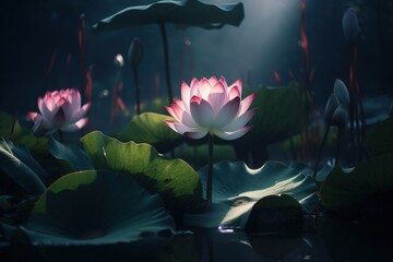Fototapeta na wymiar Lotus lamp glowing in lake. Generative AI.