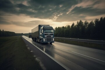 Modern truck driving on the highway. Generative AI.