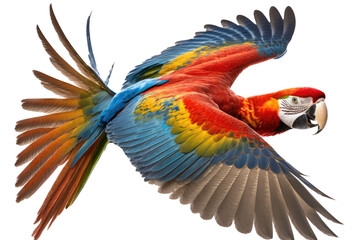 Obraz premium a jungle-themed photographic illustration of a blue green and orange macaw parrot in mid-flight on a transparent background in PNG. 