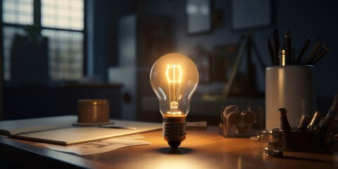 Business ideas concept with glowing light bulb in workplace. Generative Ai