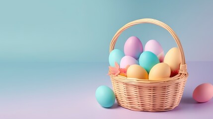 Naklejka premium A basket of colorful easter eggs on a table. Generative AI