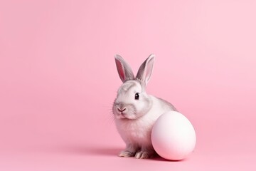 A bunny and an egg on a pink background. Generative AI