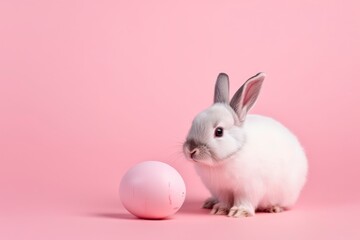 Naklejka na ściany i meble A bunny and an egg on a pink background. Generative AI