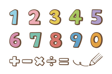 Cute hand drawn style colorful numbers and mathematical symbols of addition, subtraction, multiplication and division with three-dimensional