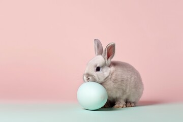 A bunny and an egg on a pink background. Generative AI