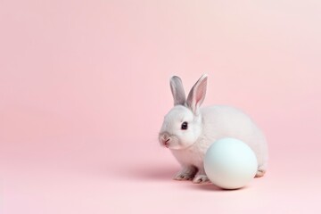A bunny and an egg on a pink background. Generative AI