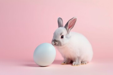 A bunny and an egg on a pink background. Generative AI