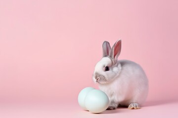 A bunny and an egg on a pink background. Generative AI