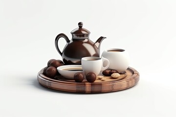Obraz na płótnie Canvas tea set with two cups of tea and nuts on a wooden tray. Generative AI