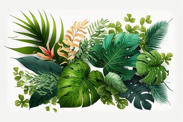 Tropical Leaves and Plants in a Beautiful Floral Arrangement, Isolated on White Background - Generative AI