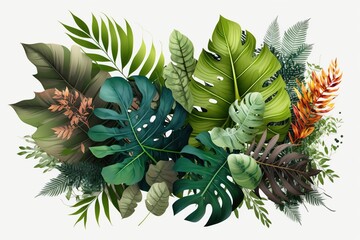 Lush Greenery, A Beautiful Arrangement of Tropical Leaves and Plants, Isolated on White Background - Generative AI