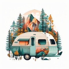 Exploring the Great Outdoors, A Vibrant Retro Camper Trip with Tent and Pile of Wood, Isolated on White Background - Generative AI
