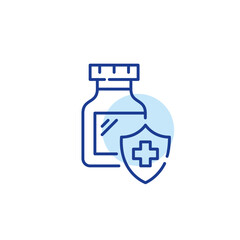 Prescription medication in a bottle. Medical health plan coverage. Pixel perfect, editable stroke line icon