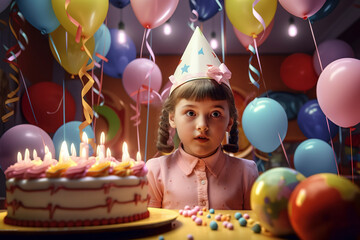 Fototapeta na wymiar Generative AI. A portrait of a little girl at its birthday party, donning a festive hat and accompanied by a whimsical cake with candles