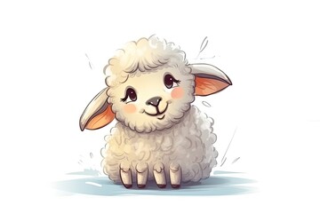 cute white sheep with a brown ear sitting on green grass. Generative AI