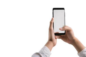 Hand holding smartphone with blank screen, isolated on transparent background. PNG. digital art
