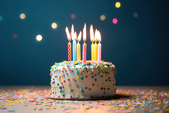 Generative AI. Birthday cake decorated with colorful sprinkles and ten candles