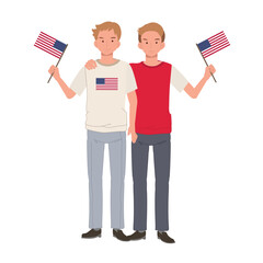 USA 4th july independence day concpet. 2 of american men holding american flag to celebrate. Flat vector cartoon illustration.