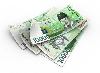 3d South Korean won currency in 10 000 won value, front and back side money concept