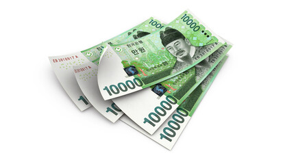 3d South Korean won currency in 10 000 won value, front and back side money concept