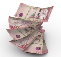 3d 100 one hundred Saudi Riyals banknotes of king Salman Bin Abdulaziz of Saudi Arabia, banknotes isolated on white background and ambient occlusion