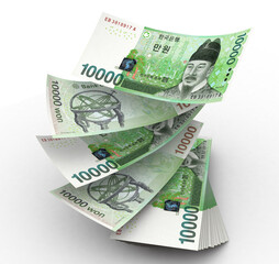 3d South Korean won currency in 10 000 won value, front and back side money concept