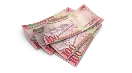 3d 100 one hundred Saudi Riyals banknotes of king Salman Bin Abdulaziz of Saudi Arabia, banknotes isolated on white background and ambient occlusion