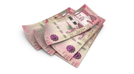 3d 100 one hundred Saudi Riyals banknotes of king Salman Bin Abdulaziz of Saudi Arabia, banknotes isolated on white background and ambient occlusion