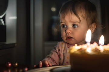Generative AI. Little girl at her first birthday looking at a candle on cake