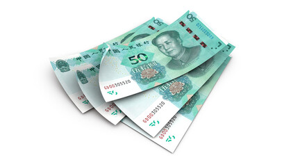 3d 50 yuan bill of China, banknotes isolated on white background and ambient occlusion