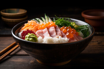 Chirashi sushi: a bowl of sushi rice topped with a variety of sashimi, vegetables, and other ingredients